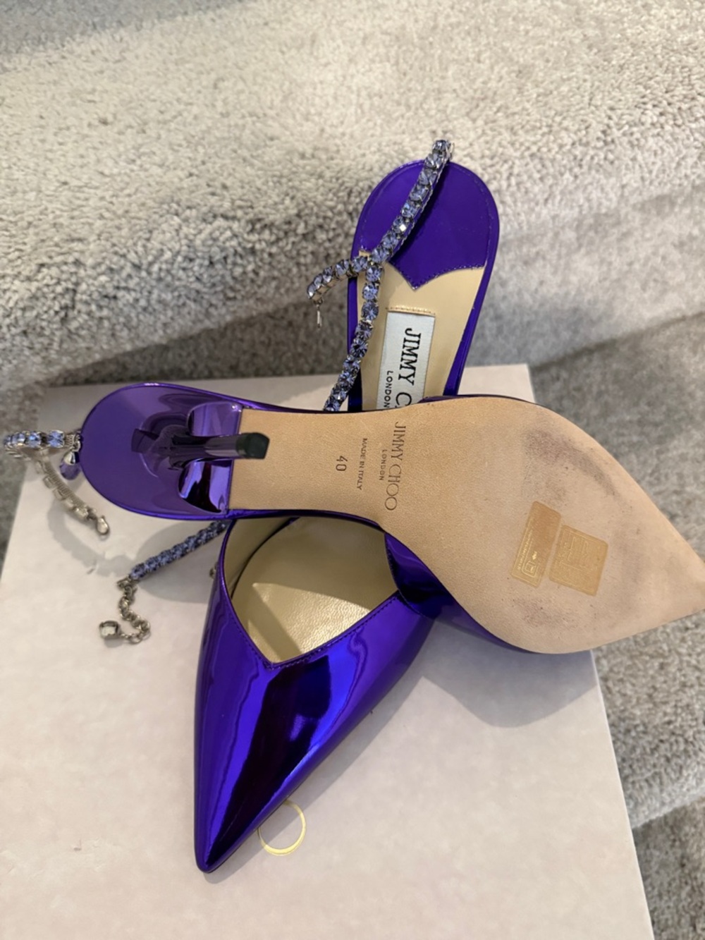 Jimmy Choo Metallic Purple Crystal T-Strap Pointed Slingback Heels - Picture 8 of 17